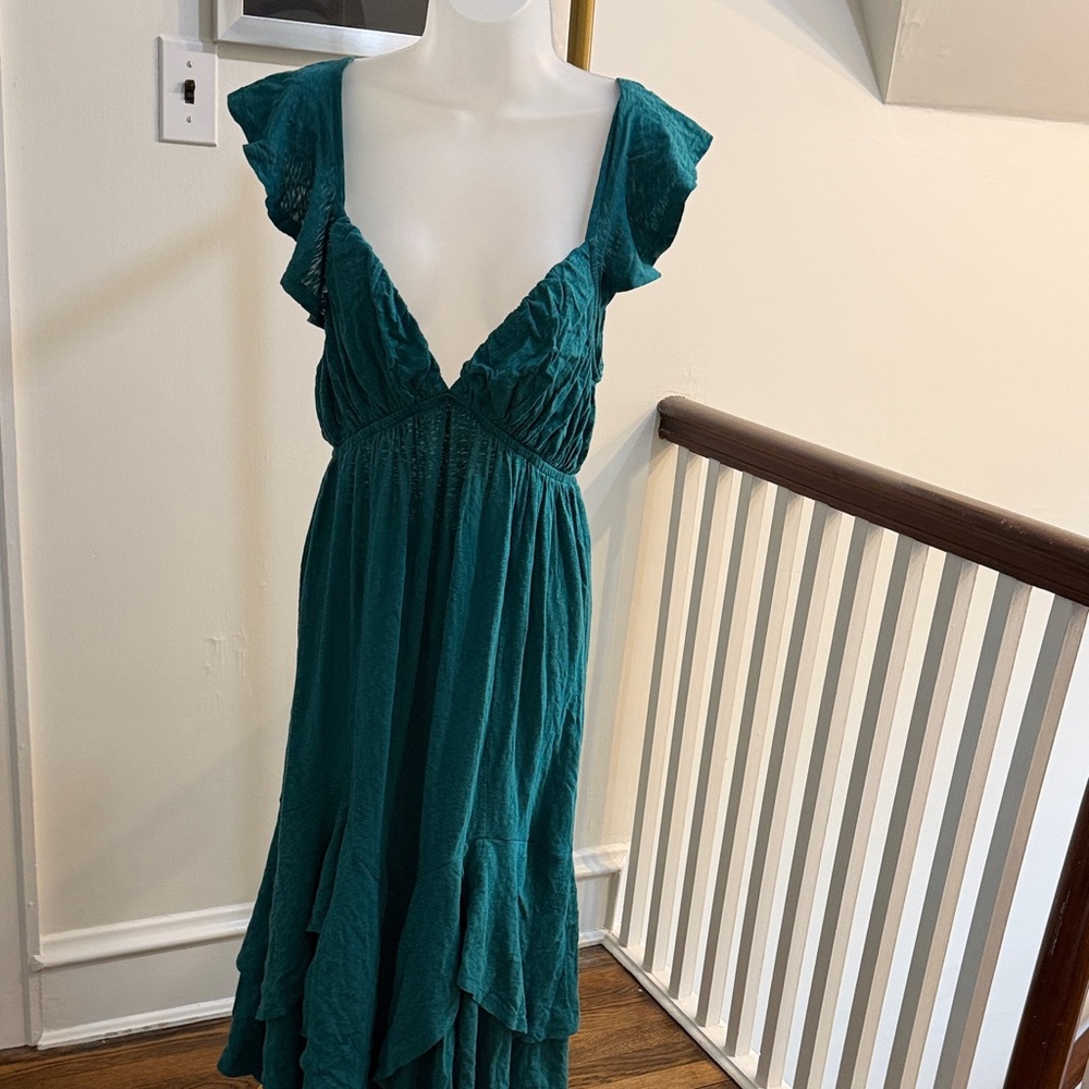 NWT Free People free-est Tropic Teal Ruffled V-Neck Maxi Dress